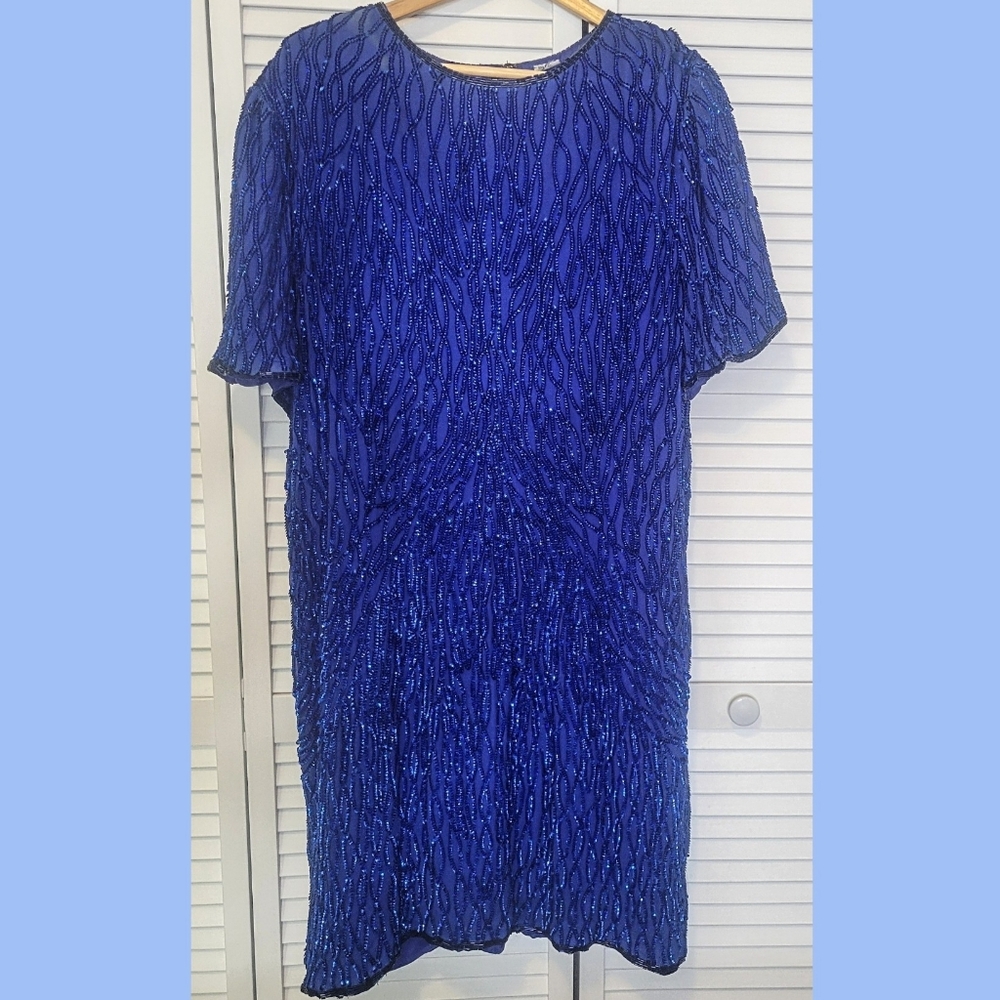 Vintage Amor 100% Silk Cobalt Sequins Short Sleeve Midi Sheath Dress